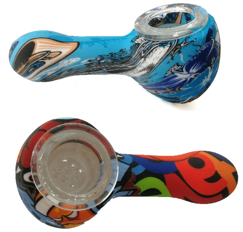 3.1” Silicone Pipe with Printed Design and Glass Bowl