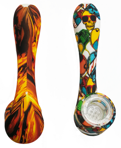 4.7” Curved Silicone Pipe with Printed Design and Glass Bowl