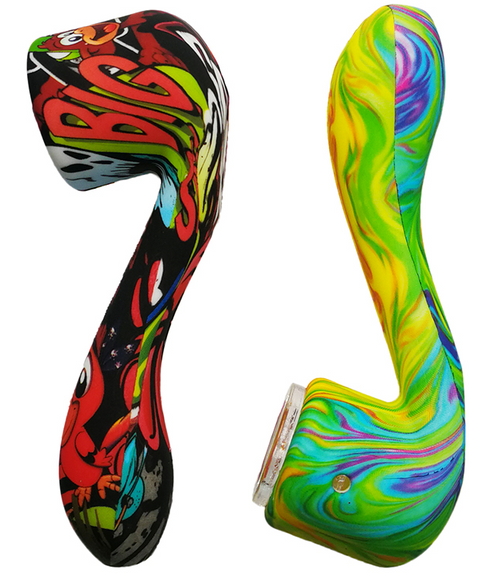 4.7” Curved Silicone Pipe with Printed Design and Glass Bowl