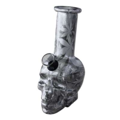 6″ Glass Mini Bong Grey/White Leaf Print Art Skull